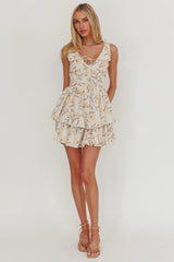 Corella Tied Bust Layered Hem Mini Dress Floral Butter