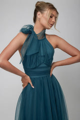Andria Halterneck Tulle Midi Dress Teal