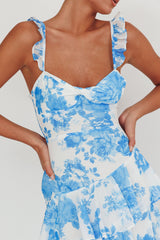 Veda Ruffle Strap Split Maxi Dress Floral White/Blue