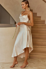 Morning Sun Cowl Neckline Asymmetrical Hem Midi Dress Champagne