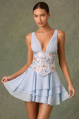Embellished Ruffled Corset Mini Dress in Floral Blue