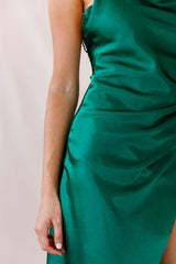 Hey Girl Long Satin Cowl Neck Dress Forest Green