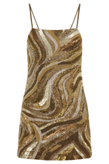 Eloise Hand Beaded Mini Dress - Gold Swirl Print