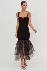 Nadia Tulle Hem Ruched Maxi Dress Black