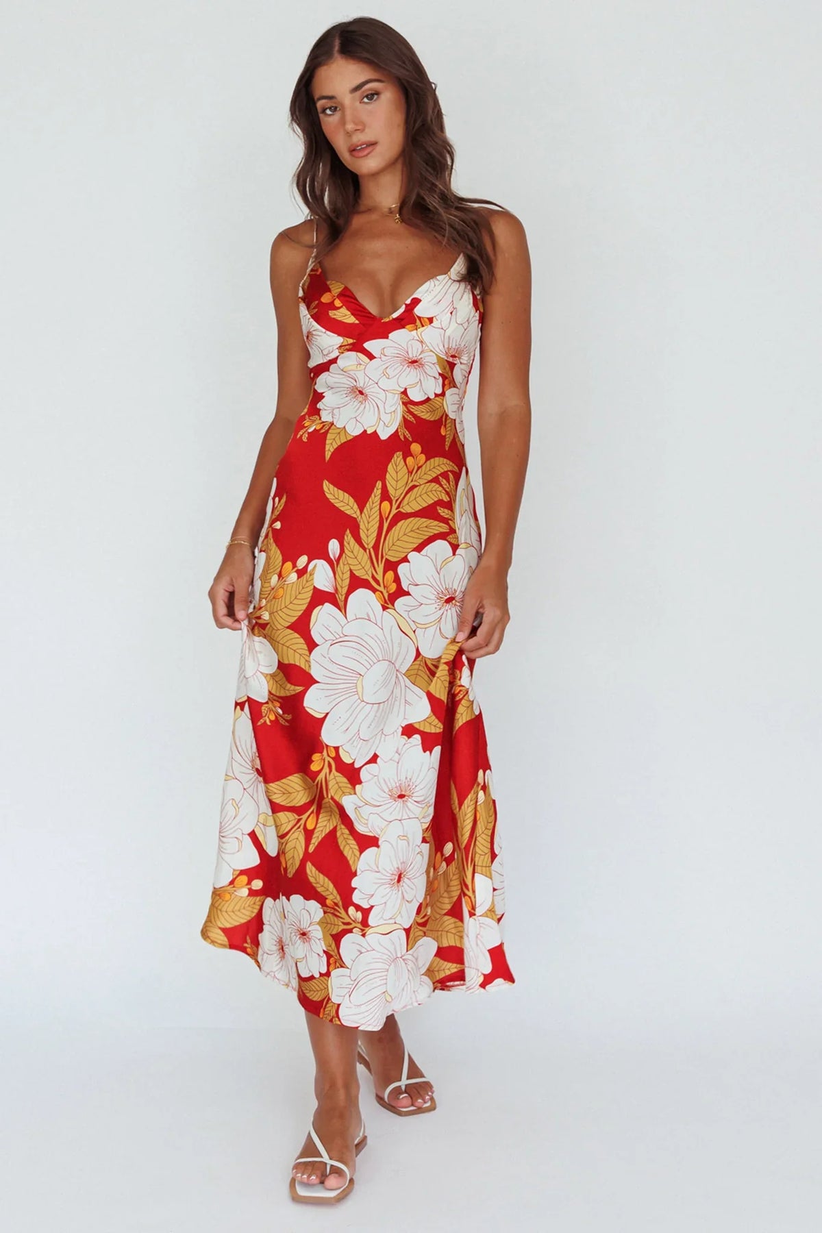 Infinity Pintuck Bust Midi Dress Flower Red