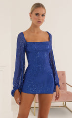 Sequin Open Back Long Sleeve Dress in Blue
