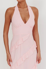Flirt Frill Trim Halter Maxi Dress Blush