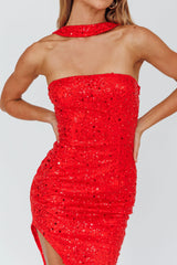 Rian Neck Strap Sequin Midi Dress Red