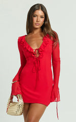 Alesya Mini Dress Ruffle Plunge Neck Long Sleeve Tie Detail Dress in Red