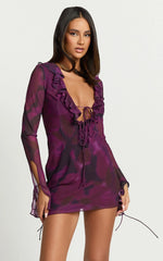 Alesya Mini Dress Ruffle Plunge Neck Long Sleeve Tie Detail Dress in Royal Adeana