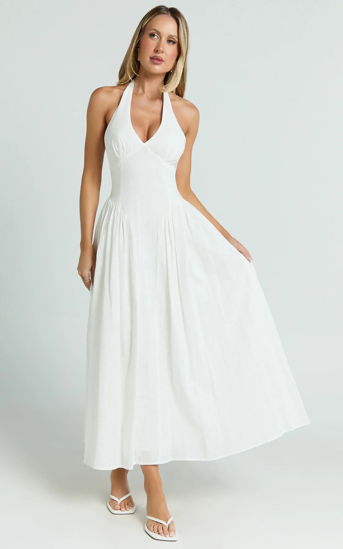 Athena Midi Dress Halter Drop Waist Dress in White