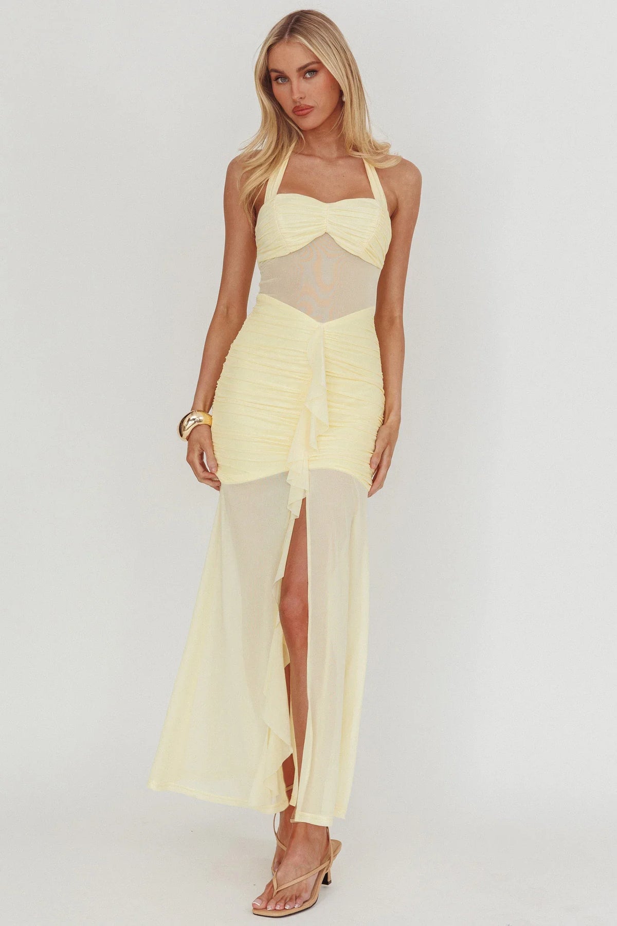 Rayah Sheer Insert Ruched Maxi Dress Yellow