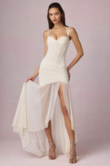 Ruched Asymmetric Corset Gown in Ivory