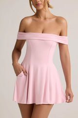 Modal Off-Shoulder A-Line Mini Dress in Baby Pink
