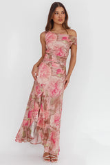 Moonlit Magic Asymmetric Neckline Maxi Dress Floral Blush