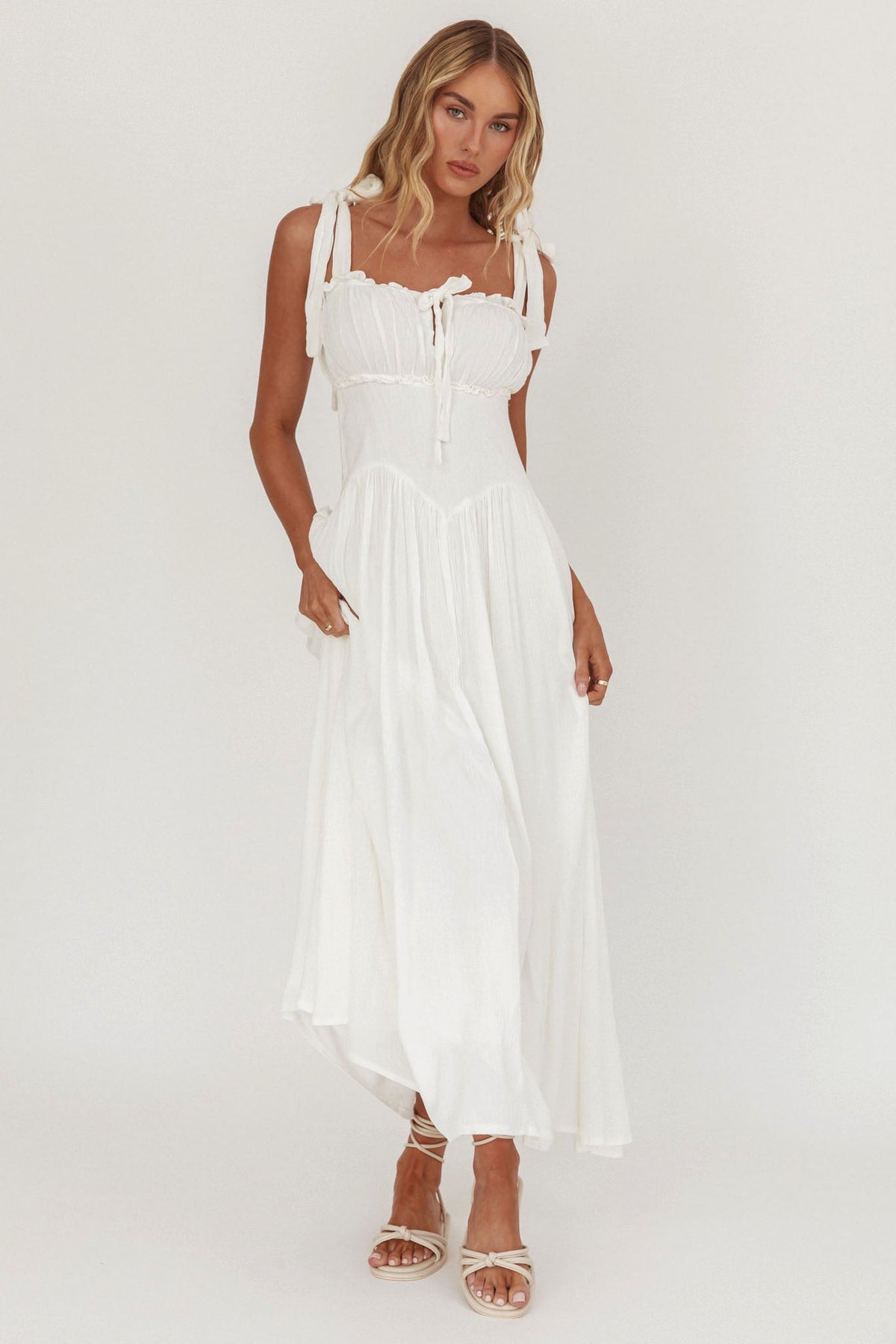 Albury Tied Shoulder Basque Waist Midi Dress White