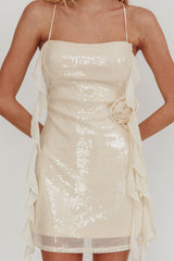 Standing Out Ruffle Rosette Trim Sequin Mini Dress Champagne