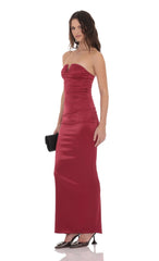Satin V-Strapless Maxi Dress in Maroon