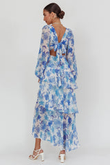 Veda Long Sleeve Floral Tiered Ruffle Maxi Dress Blue