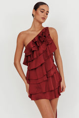 Arrabel Tiered Ruffle One Shoulder Mini Dress Wine