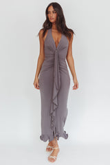 Ray Of Light Ruched Halterneck Maxi Dress Taupe