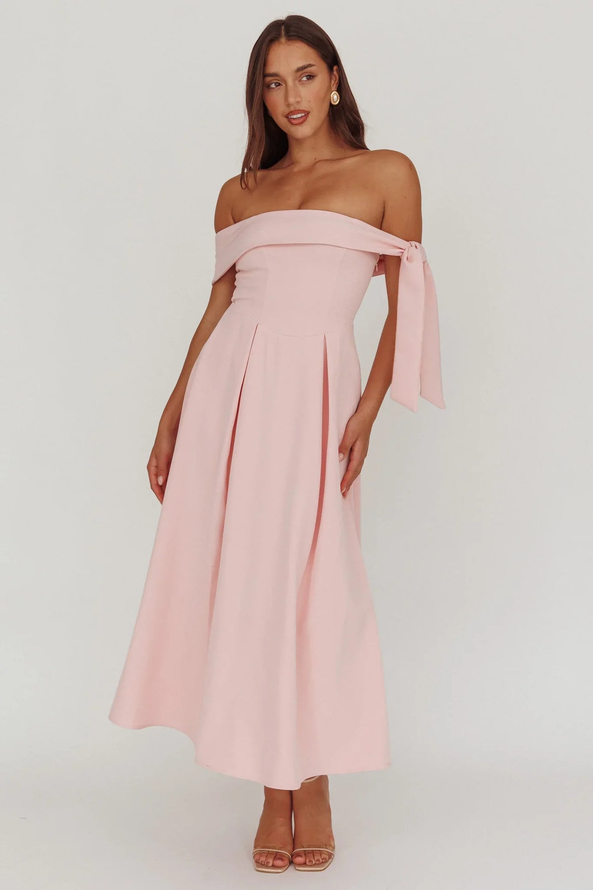 Aurora Sky Off-Shoulder Box Pleat Midi Dress Pink