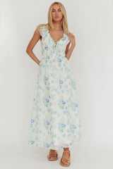Spring Harvest Frill Neckline Maxi Dress Floral Blue