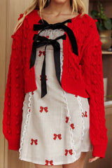 Tera Velvet Bow Cardigan Red