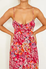 Malibu Gathered Bust Cami Strap Midi Dress Floral Red