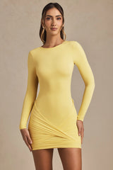 Twist-Front Ruched Backless Mini Dress in Pastel Yellow