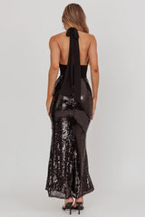 Italia Azure Halterneck Sequin Maxi Dress Black