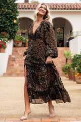 Bowman Deep V Maxi Dress | Black Multi