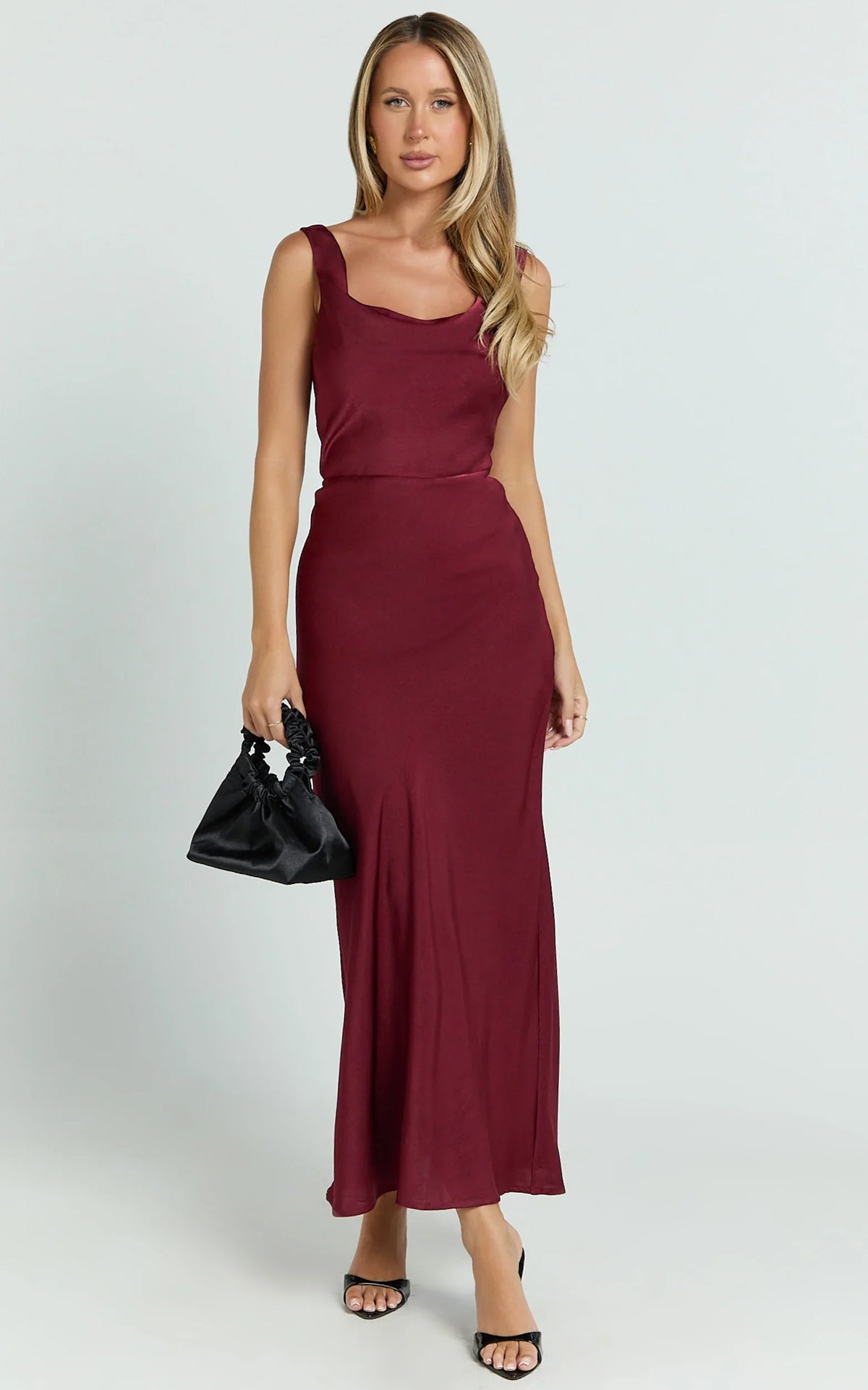 Dara Midi Dress Low Neck Sleeveless Slip Dress in Wine