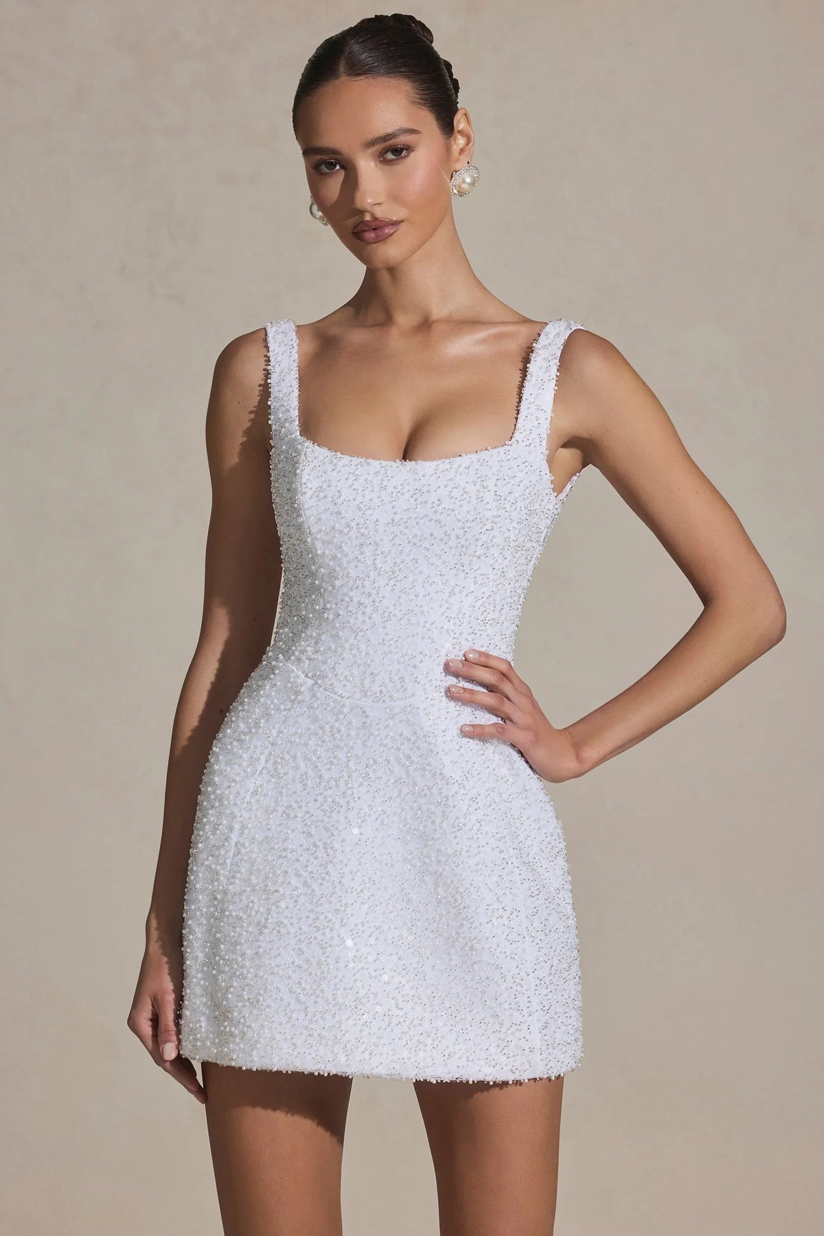 Embellished Structured A-Line Mini Dress in White