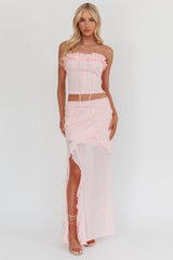 Frosted Sugar Ruffle Trim Split Midi Skirt Pink