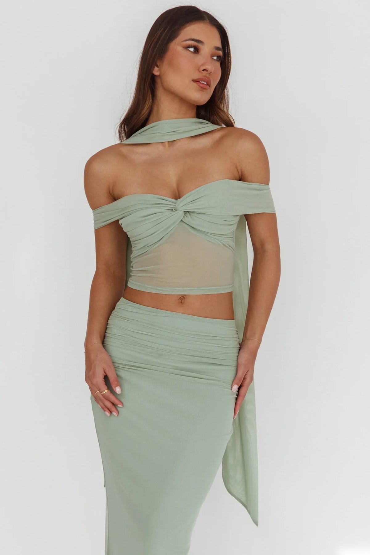 All The Lights Off-Shoulder Crop Top Sage