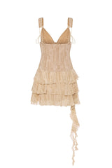 Lace-Up Ruffled Tiered Mini Dress in Tan Print