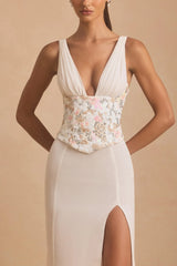 Embellished Plunge Ruffled Corset Maxi Dress in Ivory