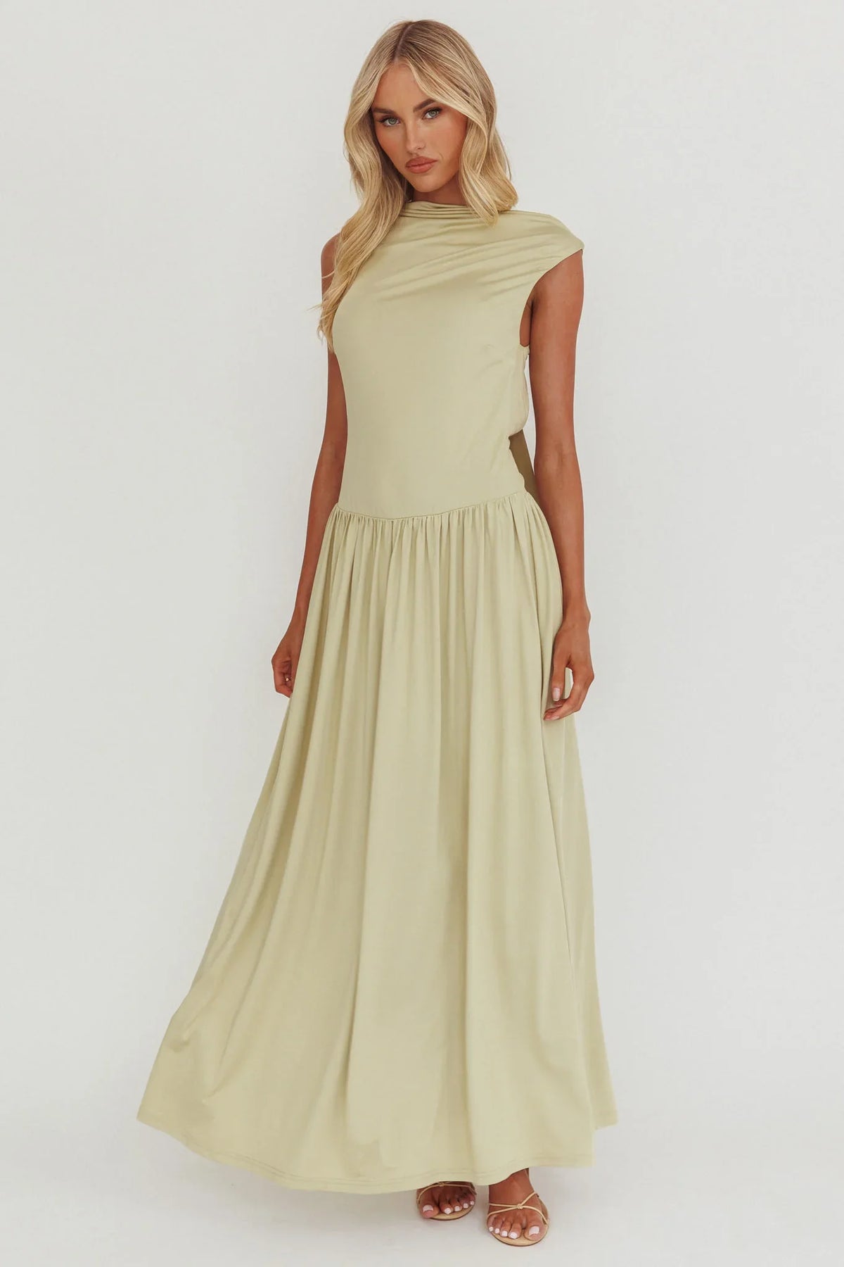 Dorothea High Cowl Open Back Maxi Dress Sage