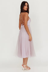 Floating By Pleated Neckline Mesh Midi Dress Lilac