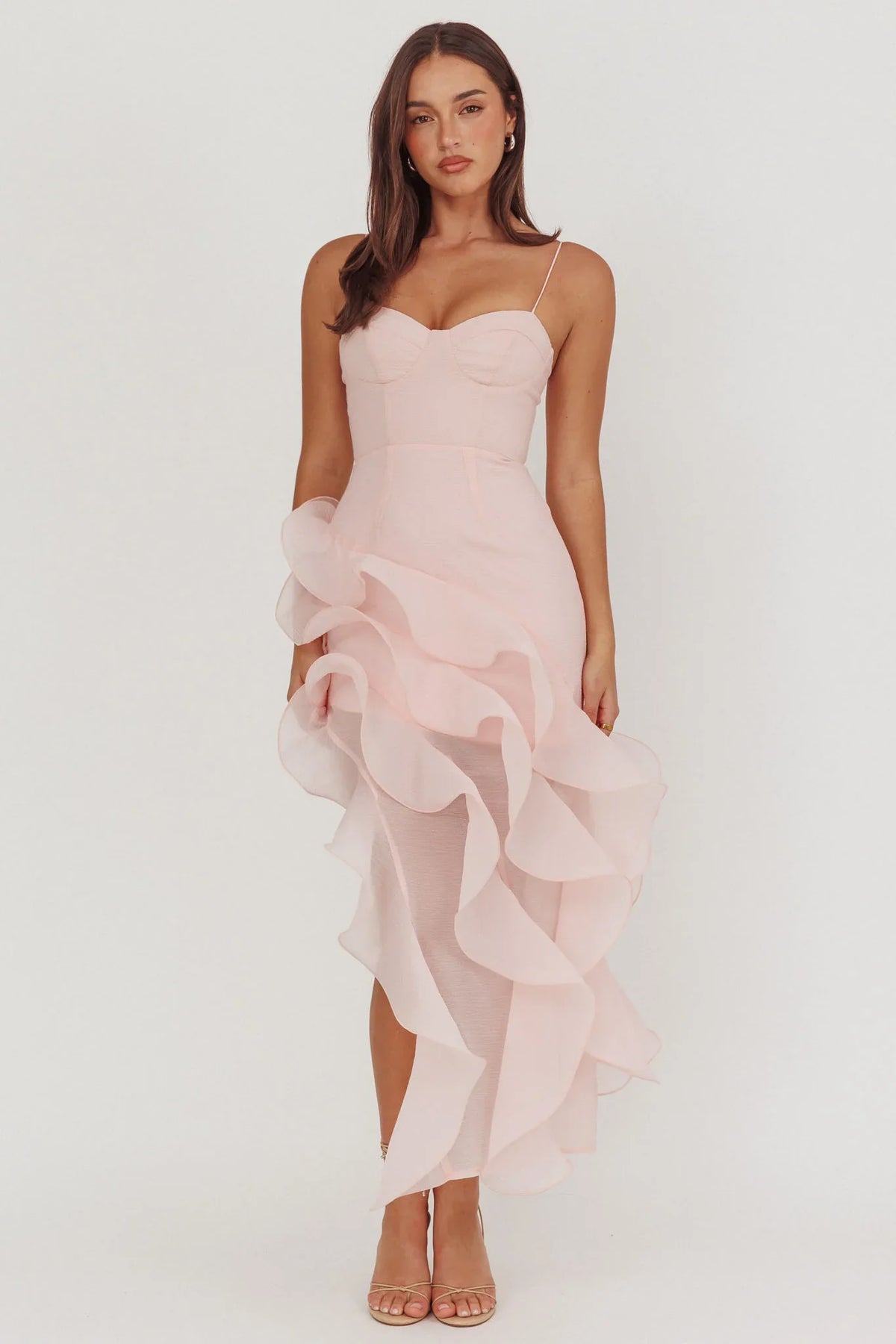 Charmayne Asymmetric Ruffle Trim Maxi Dress Pink