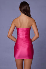 Ruched Bandeau Mini Dress in Hot Pink