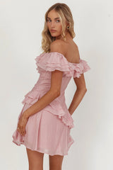 Sinclair Off-Shoulder Ruffle Trim Mini Dress Blush