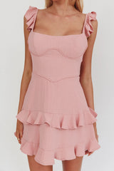 Moonlit Moment Ruffle Trim Piping Detail Lace-Up Back Dress Dusty Rose