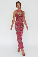 Byzantine Cowl Halterneck Midi Dress Floral Wine