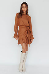 Darla Long Sleeve Satin Dress Tan