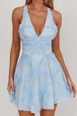 Lavalle Criss-Cross Floral Embellished Mini Dress Blue