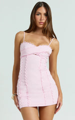 Gigi Mini Linen Blend Dress Sweetheart Tie Back Scallop Detail Dress in Pink