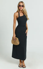Lindley Midi Dress Halter Neck Linen Look Dress in Black