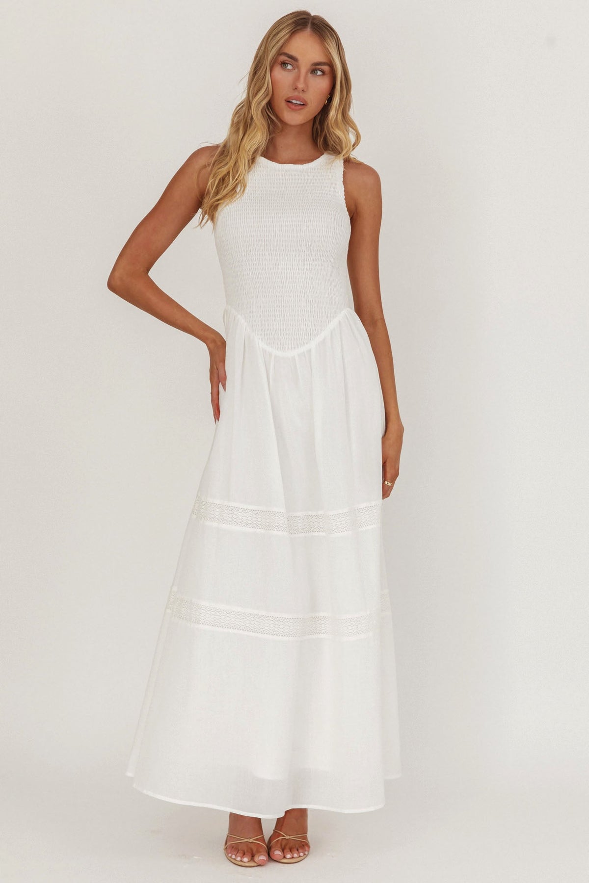 Smith Shirred Bodice Midi Dress White